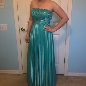 Strapless floor length teal silky dress